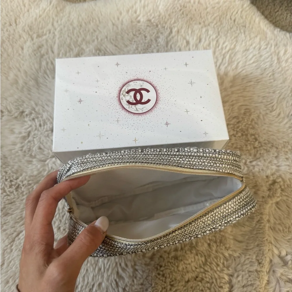 CHANEL 2022 Silver Gold Tweed Cosmetic Bag Pouch Holiday Limited Edition